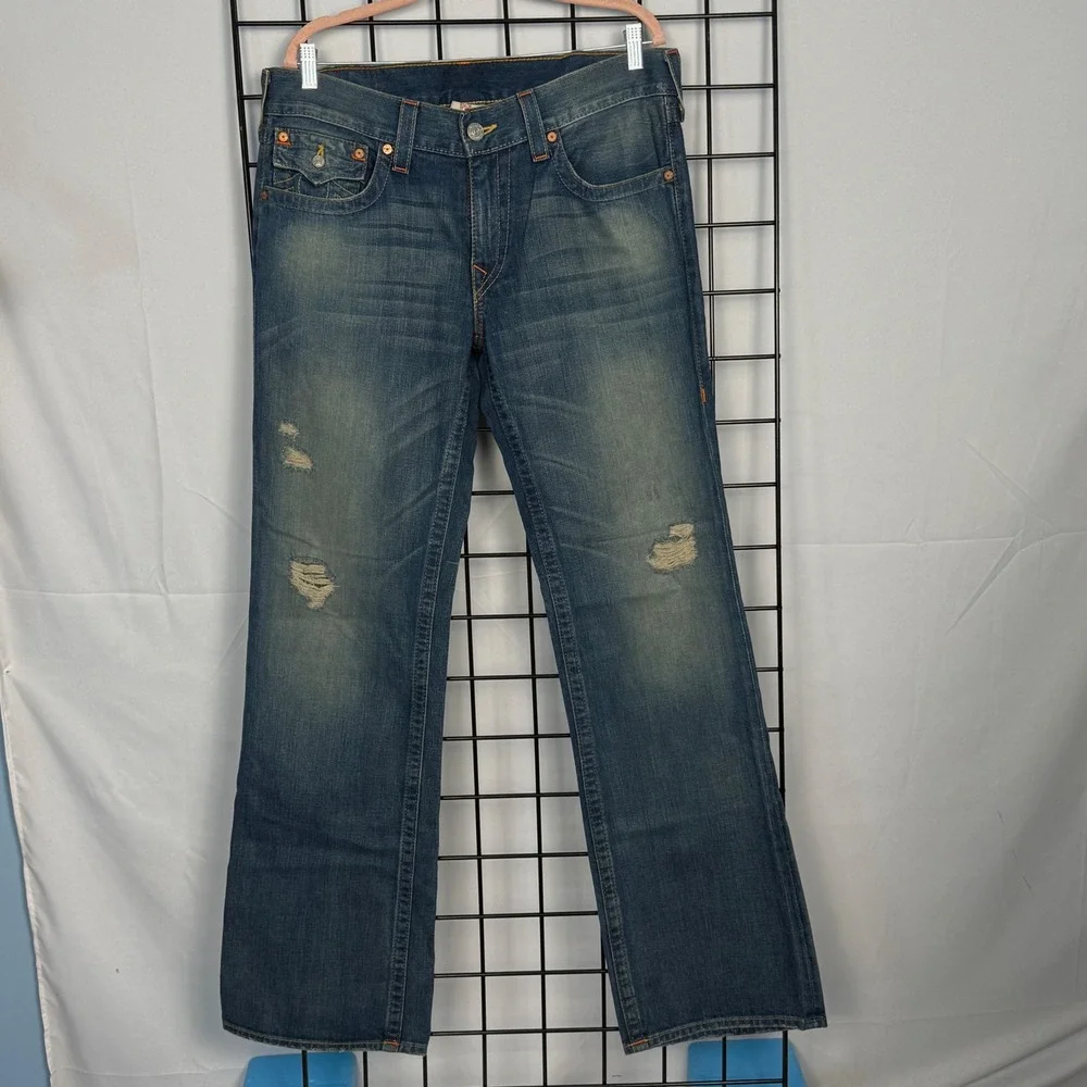 True Religion Billy Jeans Mens 34 (38x36) Blue Hannya Mask Embroidered Bootcut